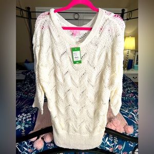 Lilly Pulitzer Larissa Knit Dolman Tunic Sweater White Crochet Size M/L NWT